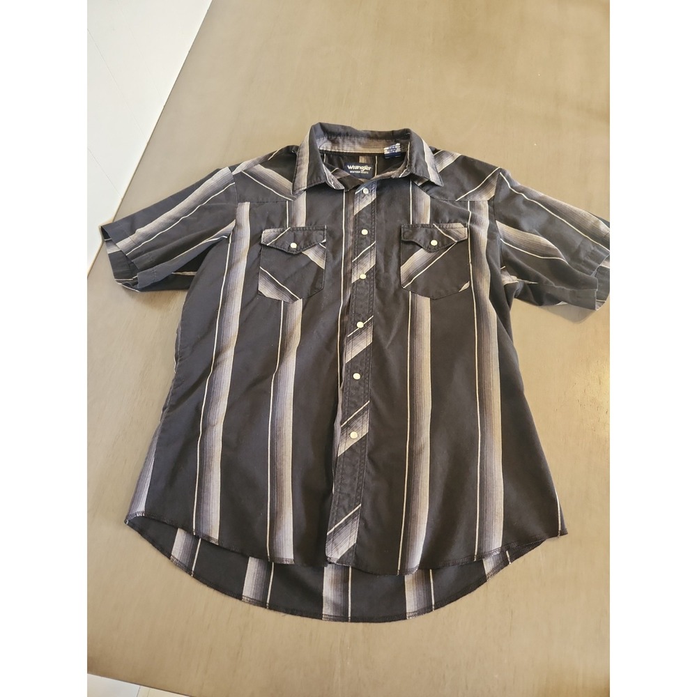 Wrangler Western Shirt Men's Large Black Grey Striped Short Sleeve Pearl Snap